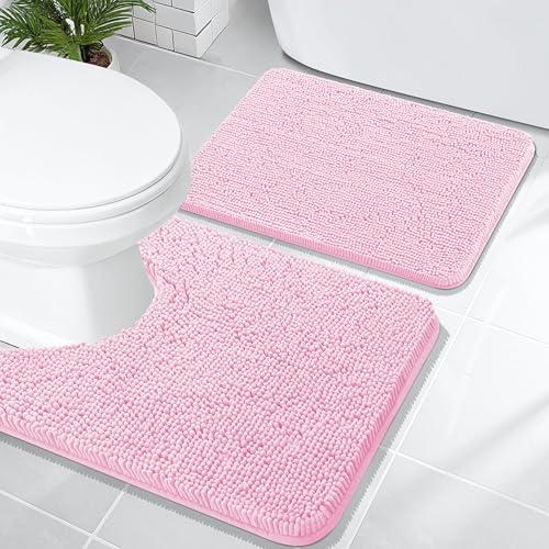 OLANLY Bathroom Rugs Sets 2 Piece, Soft Absorbent Chenille Bath Mats and U-Shaped Contour Toilet Mat Area Rug Set, Machine Washable Bath Carpet, Home Decor Accessories(24"x16"+24"x20", Pink) - color: Pink, size: 24" X 16" + U24" X 20"