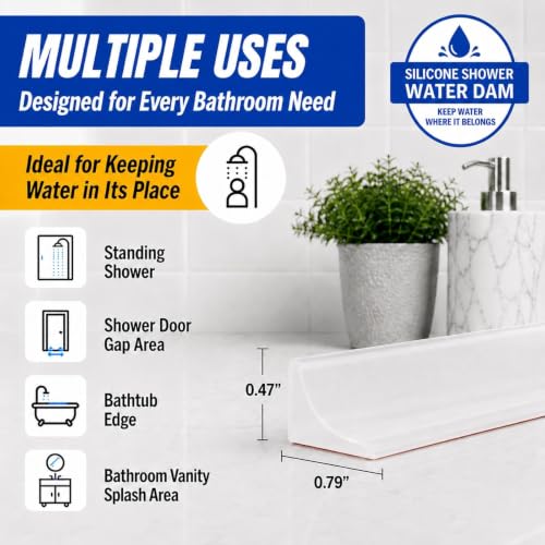 Shower Threshold Water Dam, 39 in Flexible Barrier, Transparent | Flexible peel-and-stick water barrier for shower thresholds, sink edges, and countertops; 39 x 0.79 x 0.47 in - color: Transparent, style: 39Inch