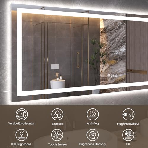 Snowdool 60 x 24 in LED Bathroom Mirror, Front and Backlit, Anti-Fog | Front and Backlit, 3 Color Temperatures, Anti-Fog, Tempered Glass - size: 24"L x 60"W