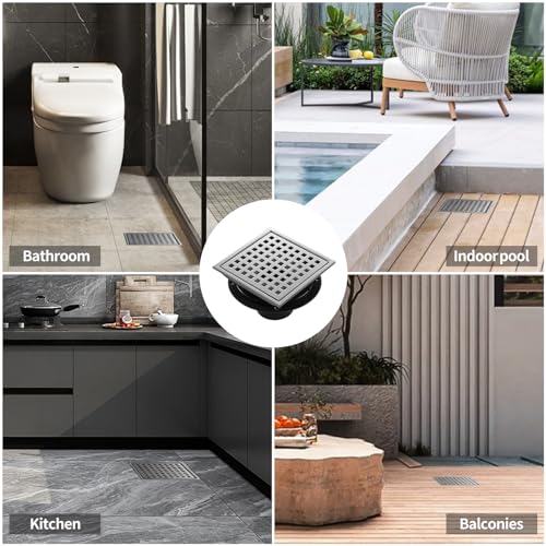 Shower Drain, Chrome 6 inch Square Shower Floor Drain with Flange, Silver Removeable Grid Panel SUS 304 Stainless Steel Square Shower Drain - color: Chrome, size: 6 inch