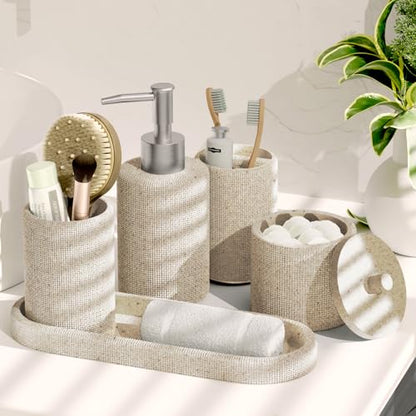 Clara Clark Beige Bathroom Set - Bathroom Sets with Shower Curtain and Rugs, 21PC Bathroom Accessory Set, Shower Curtain Set with Soap Dispenser & Toothbrush Holder - color: Beige, size: Complete Set + Bath Rugs
