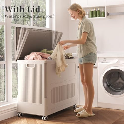 Extra Large Laundry Hamper with Lid Wheels 180L | Fits Large Families, Industries, Heavy-Duty Frame, 4 Smooth Wheels, Dust-Free Lid, Easy-Clean Plastic, Foldable Assembly - color: Milky, size: 180L