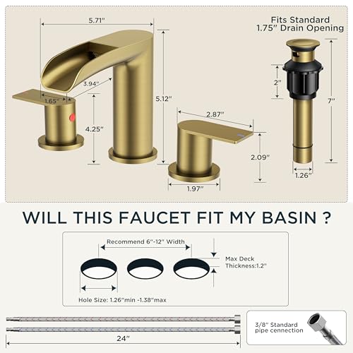 FORIOUS Bathroom Faucet 3 Hole Widespread Sink 8 Inch 2 Handle Brushed Gold | 3-hole 6-12 Inch Widespread Sink, Waterfall Faucets, with Drain and Hoses,for Vanity Rv Commercial Lavatory Restroom Basin - color: Brushed Gold