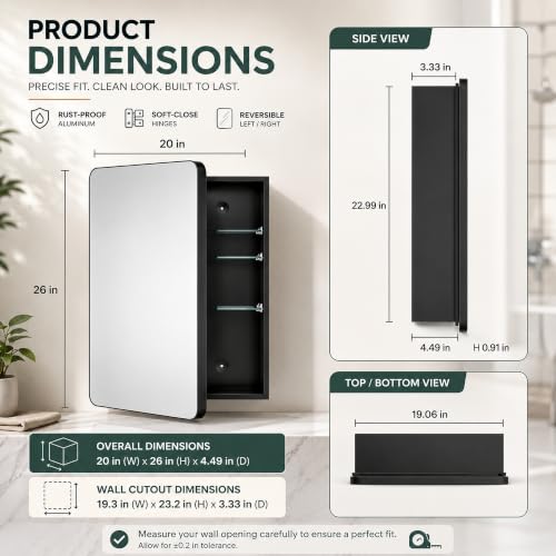 20x26 Black Medicine Cabinet with Mirror, Recessed & Surface Mount | Bathroom mirror with storage: 6 independently adjustable shelves fit tall bottles; soft-close hinges; rustproof aluminum - size: 20" x 26"
