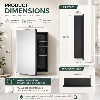 20x26 Black Medicine Cabinet with Mirror, Recessed & Surface Mount | Bathroom mirror with storage: 6 independently adjustable shelves fit tall bottles; soft-close hinges; rustproof aluminum - size: 20" x 26"