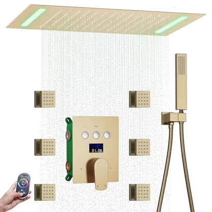 Bathroom Shower System Ceiling 14x20 Inch Shower Head, Spray With Handle, 6 PCS Body Jet And Handheld, Temperature Display Shower Faucet Set (Brushed Gold) - color: Brushed Gold