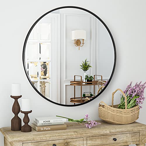 HARRITPURE Round Mirror 23.6" Black Wall Mounted Circle Mirror with Aluminum Alloy Frame Modern Design for Bathroom, Living Room, Vanity, Bedroom, Entryway - color: Black, size: 0.9"L x 0.3"W