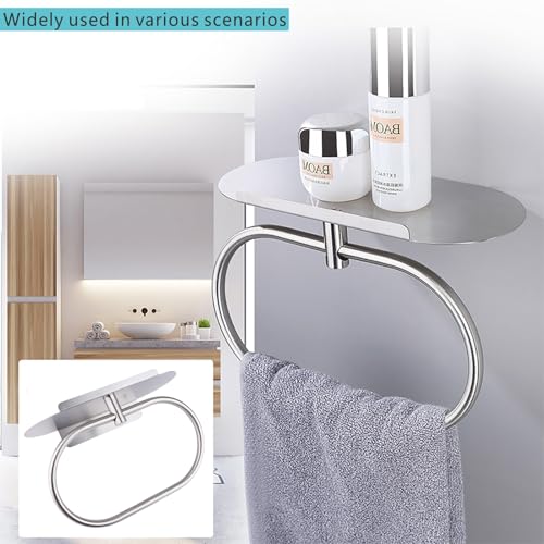 Towel Ring with Shelf Steel Self, Stainless Steel Bath Towel Rings, Self Adhesive Hand Towel Ring for Bathroom, Wall Mounted Towel Hanger for Bathroom Kitchen (Silver) - color: Silver