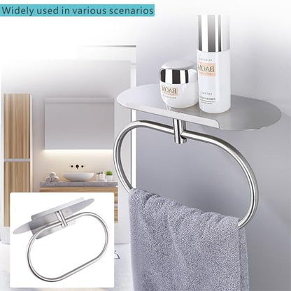 Towel Ring with Shelf Steel Self, Stainless Steel Bath Towel Rings, Self Adhesive Hand Towel Ring for Bathroom, Wall Mounted Towel Hanger for Bathroom Kitchen (Silver) - color: Silver