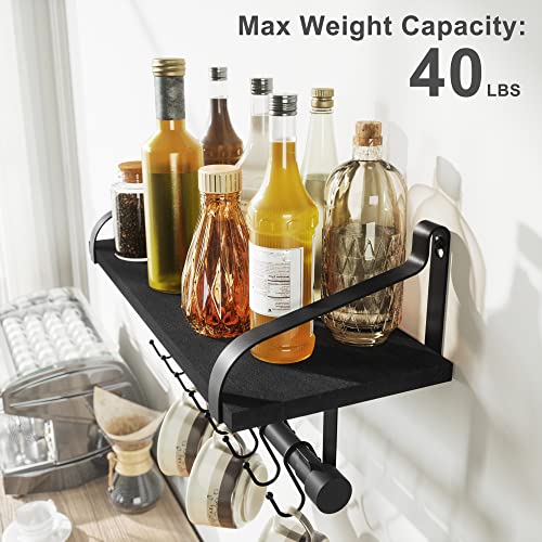 Love-KANKEI 17.3" Floating Wall Shelf Solid Wood/Bracket,Coffee Bar,Black | Spice Rack,Towel Bar/8 Hooks,40 Lbs/shelf,Easy to Install,For Kitchen,Bathroom,Living Room,Bedroom,Office,Entryway Display - color: Black
