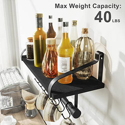 Love-KANKEI 17.3" Floating Wall Shelf Solid Wood/Bracket,Coffee Bar,Black | Spice Rack,Towel Bar/8 Hooks,40 Lbs/shelf,Easy to Install,For Kitchen,Bathroom,Living Room,Bedroom,Office,Entryway Display - color: Black