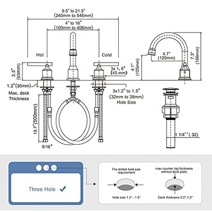 WOWOW Chrome Bathroom Faucet Widespread Bathroom Sink Faucet 3 Hole Vanity Faucet 8 Inch Brass Basin Faucet 2 Handle Tall Bathroom Tap with Drain and Hoses - color: Chrome, size: Widespread