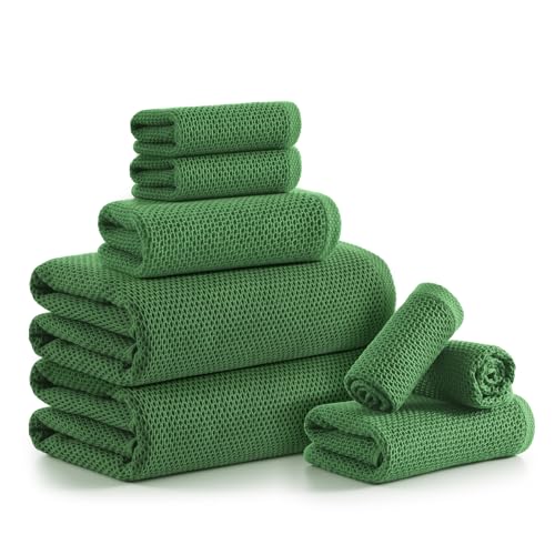 REDKISS Quick Dry Waffle Towel Set of 8, 100% Cotton,Lightweight & Highly Absorbent Waffle Towels for Bathroom, Spa, Gym, Pool-2 Bath Towels, 2 Hand Towels & 4 Washcloths,Green - color: Green