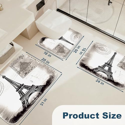 Paris Eiffel Tower France City of Love Bathroom Rugs and Mats Sets 3 Piece, Memory Foam Bath Mat, U-Shaped Contour Shower Mat Non Slip Absorbent, Velvet Washable 20 x 31 inches - color: Color12
