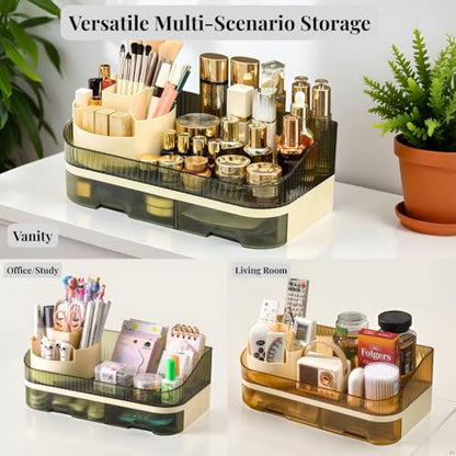 Makeup Organizer Countertop with Dual Drawers | Plastic, Vanity Bathroom Desk, 360° Rotating, Easy Clean, Cosmetic Skincare - color: green