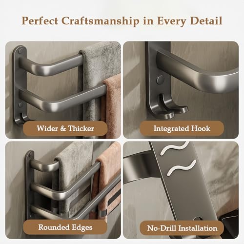 SEIDO 24 Inch 3-Tier Towel Rack for Bathroom, Heavy Duty Square Ladder Towel Bar Wall Mounted, Rustproof 304 Stainless Steel Brushed Grey Towel Holder with Hooks, Adhesive & Screw Mounting Options - color: Grey, size: 24 Inch