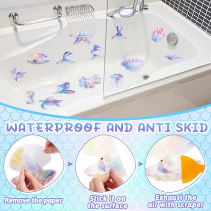 Fullhawl 30 Pcs Mermaid Non Slip Bathtub Stickers Colorful Mermaid Anti Slip Shower Stickers Shower Floor Nonslip Sticker Applique Adhesive Decals Treads with Scraper for Bathtub Bathroom Floor - style: Mermaid