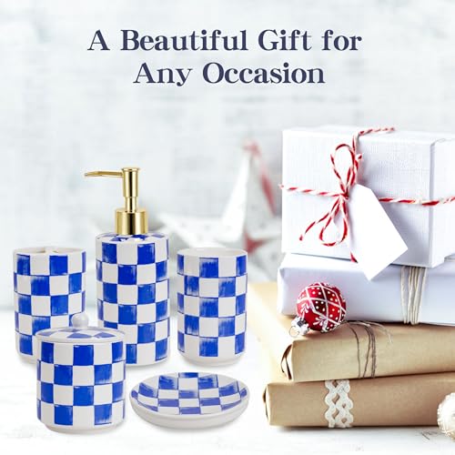 Ceramic Bathroom Soap Dispenser Set, Checkered Bathroom Vanity Set with Lotion Pump, Toothbrush Holder, Soap Dish & Storage Jar, Modern Bathroom Sink Accessories (Blue) - style: Blue