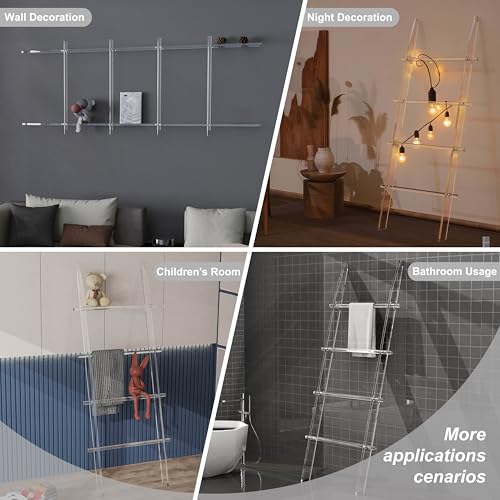 Blanket Ladder 5.6FT for Bathroom, 4 Tier Modern Decor Waterproof Blanket Holder for Living Room and Bedroom, Easy Assembly Clear Acrylic Ladder Shelf, Leaning Quilt Rack with Anti Slip Pads