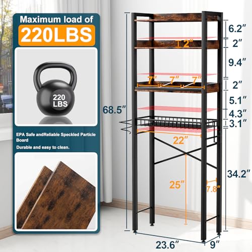 Over The Toilet Storage Cabinet,4 Tier Bathroom Organizers and Storage With Adjustable Shelf Waterproof Feet Pad and Basket ,Multifunctional Space Saver Freestanding Bathroom Shelves With Dividers - color: Brown