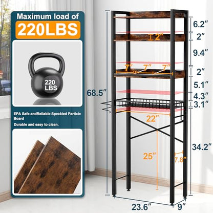 Over The Toilet Storage Cabinet,4 Tier Bathroom Organizers and Storage With Adjustable Shelf Waterproof Feet Pad and Basket ,Multifunctional Space Saver Freestanding Bathroom Shelves With Dividers - color: Brown