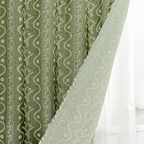 Olive Green Floral Linen Shower Curtain Set with Liner,72" Wx72 L | Double Layer Shower Curtain Waterproof Fabric with Zippered Removable PEVA Liner,Boho Shower Curtain for Bathroom,Free Hooks - color: Green Floral