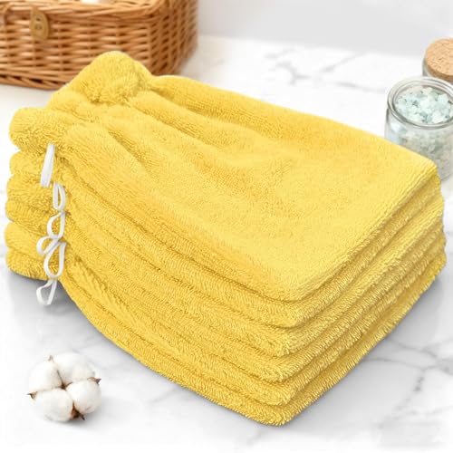 VOOVA & MOVAS Shower Mitts,Yellow 6.3x8.3 in,European Style with Loop | 100% Cotton, 6 Pack, Solid Yellow, Soft & Absorbent, No Fade, Ice Pack Pocket, Quick Dry, for Shower & Travel - color: Yellow, size: 6PC Bath Mitts