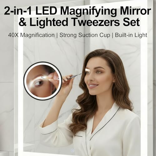 LED Lighted Tweezers & 40X Magnifying Mirror with Suction Cup Set | Portable 2 in 1 Hands-Free Makeup Mirror with Light and Precision Light Up Tweezers, Premium Quality & Ideal Gift Choice