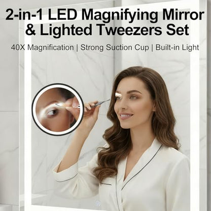 LED Lighted Tweezers & 40X Magnifying Mirror with Suction Cup Set | Portable 2 in 1 Hands-Free Makeup Mirror with Light and Precision Light Up Tweezers, Premium Quality & Ideal Gift Choice