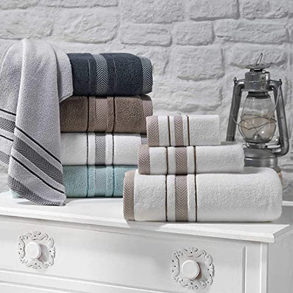 Bath Towels Set for Bathroom – Luxury 6-Piece Cotton Towels, Soft Absorbent & Quick Dry, 600 GSM Bath Towels for Bathroom, Hotel Spa Quality (White/Brown, 6- Bath Towel Set) - color: White/Brown