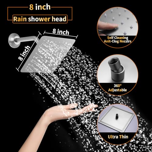 AYIVG 304 Stainless Steel 8 Inch Fixed Wall Mount Rain Square Shower Head with Shower Arm and Flange, Brushed Nickel - color: Brushed Nickel