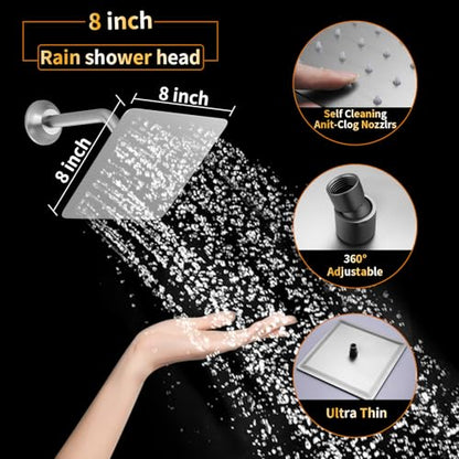 AYIVG 304 Stainless Steel 8 Inch Fixed Wall Mount Rain Square Shower Head with Shower Arm and Flange, Brushed Nickel - color: Brushed Nickel