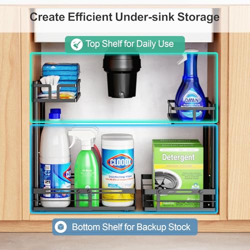 Under Kitchen Sink Organizer - L-Shaped Pull Out Shelf, 2 Pack | L-Shaped Fit Around Garbage Disposal, Adjustable Shelves, Pull Out Access, For 30-36 Inch Sink Cabinet, 2 Pack Black