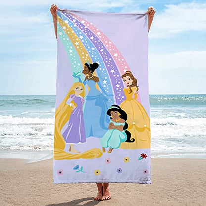 Jay Franco Disney Princess Rainbow Bath/Pool/Beach Towel - Super Soft & Absorbent Fade Resistant Cotton Towel Features Belle, Rapunzel, Jasmine, & Tiana - Measures 28 x 58 inches - color: Purple - Princess