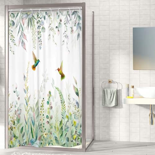 Sage Green Eucalyptus Stall Narrow Hummingbird Bathroom Shower Curtain Set | 48"W x 72"H Plants Botanical; waterproof HD print, quick-dry fabric with 12 free hooks for easy hanging. - color: A-sage Green, size: 48"W x 72"L (Pack of 1)