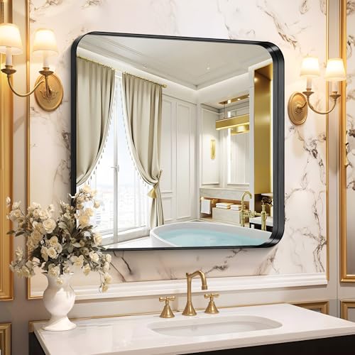 CIRCUMI Black Bathroom Mirror, 30"x30" Rectangular Mirror for Vanity | Deep Metal Frame, Rounded Corner, Shatter proof, Tempered Glass, Installed Vertically/Horizontally, Mirror for Wall,Over Sink - color: Rounded Corner Black, size: 30"L x 30"W
