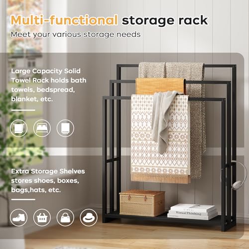 Freestanding Towel Rack, 3 Tier Wide Bamboo Stand with Shelf for Bathroom | 31.5"W × 9.4"D × 39.4"H • Black • Waterproof • Blanket rack • Blanket holder • Ventilated • Bottom shelf • Anti-tip - color: Black