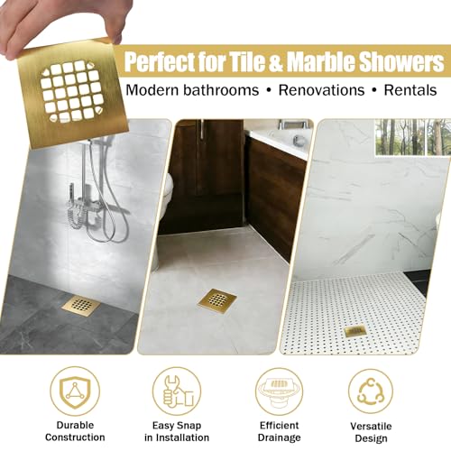 42361 Shower Drain Cover for Oatey 130 Series, 4-1/4" Brushed Gold | Snap-In Square Shower Drain Strainer Helps Prevent Hair Clogs, Improves Drainage & Refreshes Bathroom Floor Drain Appearance