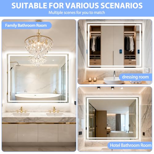 40" x 32" LED Bathroom Mirror with Anti-Fog & Touch Switch - Wall-Mounted Makeup Vanity Mirror, No Drilling Required, Smart Display (Square) - size: 39.4"L x 31.5"W