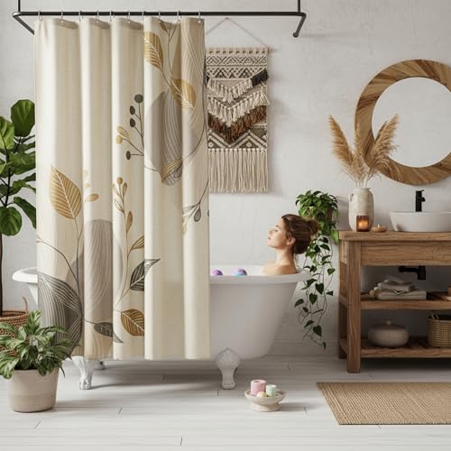 Morandi Branch Linen Boho Floral Shower Curtain Set with Liner | Double Layer Shower Curtain Waterproof Fabric with Zippered Removable PEVA Liner,Boho Shower Curtain for Bathroom,Free Hooks - color: Neutral Leaf