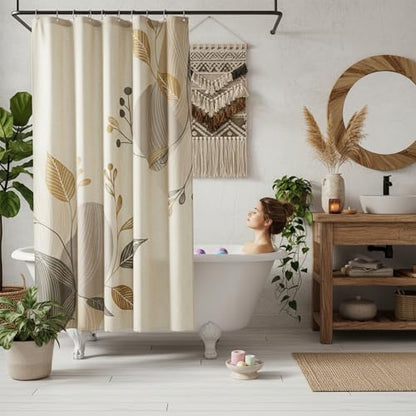 Morandi Branch Linen Boho Floral Shower Curtain Set with Liner | Double Layer Shower Curtain Waterproof Fabric with Zippered Removable PEVA Liner,Boho Shower Curtain for Bathroom,Free Hooks - color: Neutral Leaf