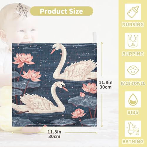 YETTASBIN Swan Muslin Baby Hand Washcloths, Soft Cotton Bath Face Towel, 4 Layers Extra Absorbent Feeding Burp Cloth for Newborn Infant, 3 Pack - size: 12 Inch x 3 Pack