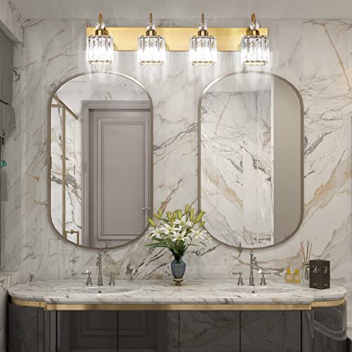 Ralbay Crystal Gold Bathroom Vanity Lights 4-Lights Vanity Lights Over Mirror Modern Crystal Gold Bathroom Wall Lighting Fixtures - color: Square-Gold, size: 4-light