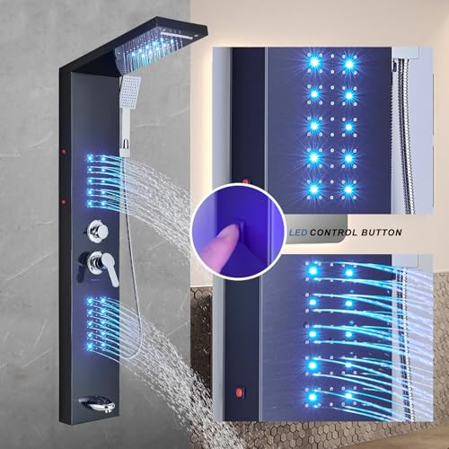 Shower Panel Wall Mount Shower Tower with LED Shower Head System Full Body Shower Jets Contemporary Shower Panels Stainless Steel Shower Faucet Set Matte Black