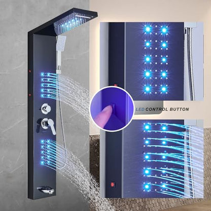 Shower Panel Wall Mount Shower Tower with LED Shower Head System Full Body Shower Jets Contemporary Shower Panels Stainless Steel Shower Faucet Set Matte Black