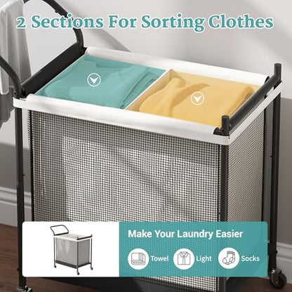 Laundry Hamper with Wheels - 2 Section Laundry Basket 120L, Removable Washable Bags, Height-Fitted Rolling Laundry Cart for Laundry Room & Bedroom - size: 120L(2-Section)