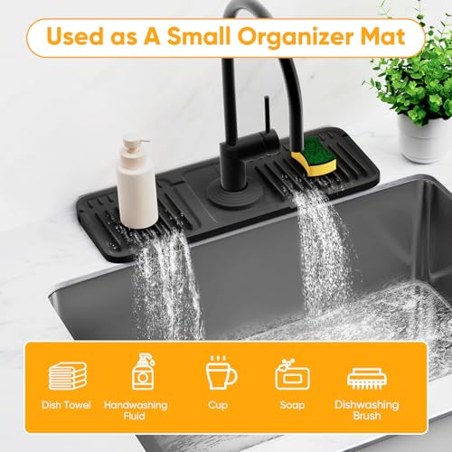 14.6 inch Faucet Mat for Kitchen Sink Splash Guard[7° Slope Fast Self-draining][Snap Lock Fit]Kitchen Sink Faucet Mat Splash Guard Kitchen Sink Area Water Splash Guard Behind Faucet Draining Mat - color: Black, size: 14.6" x 5.5"