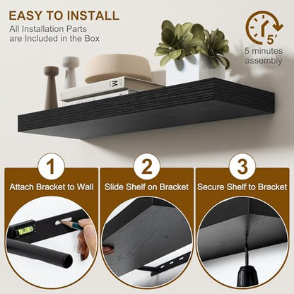 Fun Memories 60 Inch Fireplace Mantel - Long Floating Shelf, Wall Mounted Farmhouse Display with Invisible Heavy Duty Metal Bracket, Balck, 2 Pack - color: Black, size: 60"W x 6.5"D