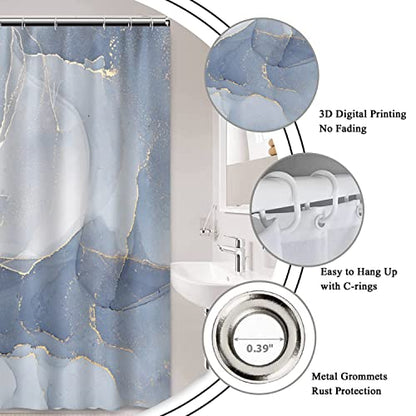 AWERT Small Half Size Stall Shower Curtain with 6 Hooks Shower Stall Curtain 36 x 72 Light Blue Marble Gold 36 inch Shower Curtain for Bathroom/RV and Camper (Blue Marble) - color: Blue Marble, size: 36"W x 72"L (Pack of 1)