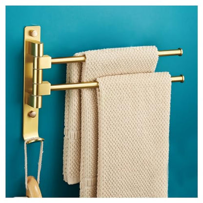 ZHOUXIAO Swing Out Towel Bar Holder Wall Mount Gold Finish/Swivel Towel Rack for Bathroom or Kitchen, Metal Towel Bar Folding Arm Swivel Hanger Bathroom Storage 2Bars